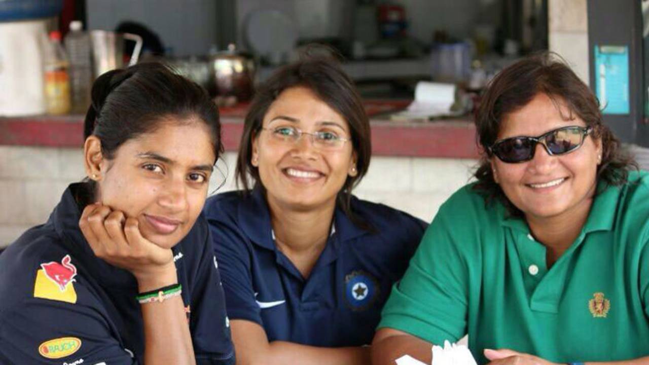 Mithali Raj, assistant coach Devika Palshikar and Purnima Rau at the 2014 World T20