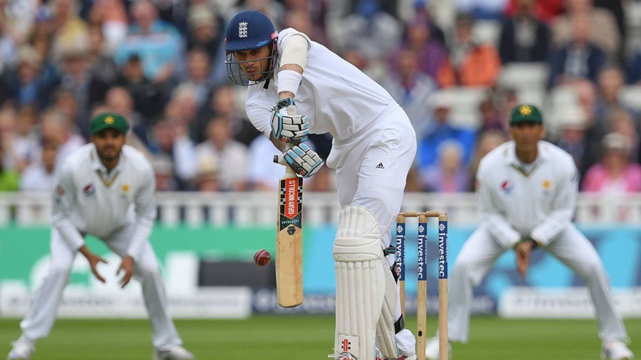 Alex Hales watchfully defends one, England v Pakistan, 3rd Test, Edgbaston, 1st day, August 3, 2016