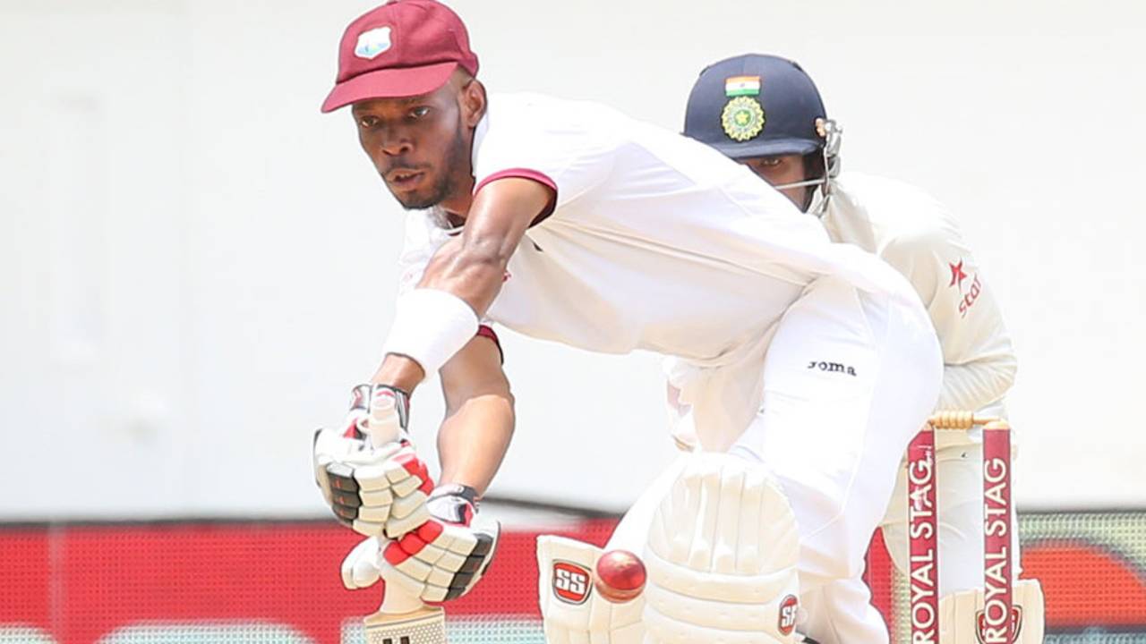 Roston Chase defends one during his hundred, West Indies v India, 2nd Test, Kingston, 5th day, August 3, 2016