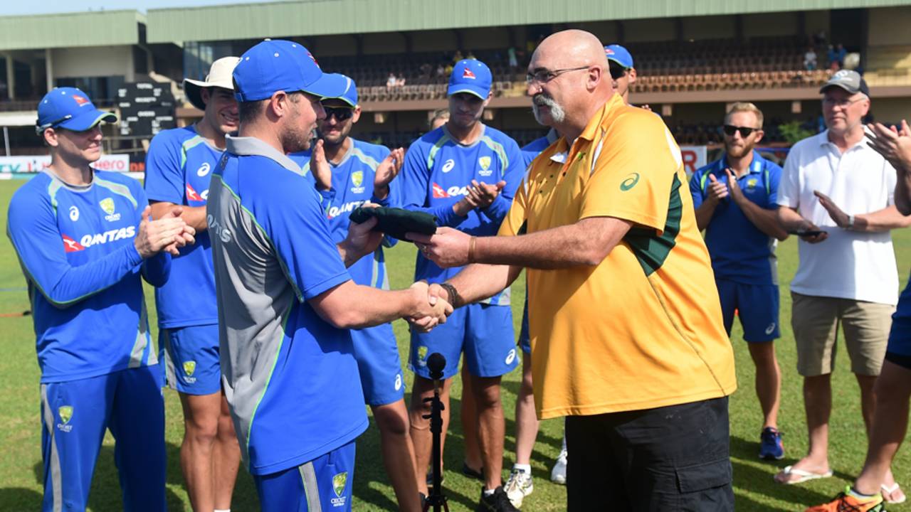 Debutant Jon Holland receives his baggy green from Australian fast bowling great Merv Hughes, Sri Lanka v Australia, 2nd Test, Galle, 1st day, August 4, 2016