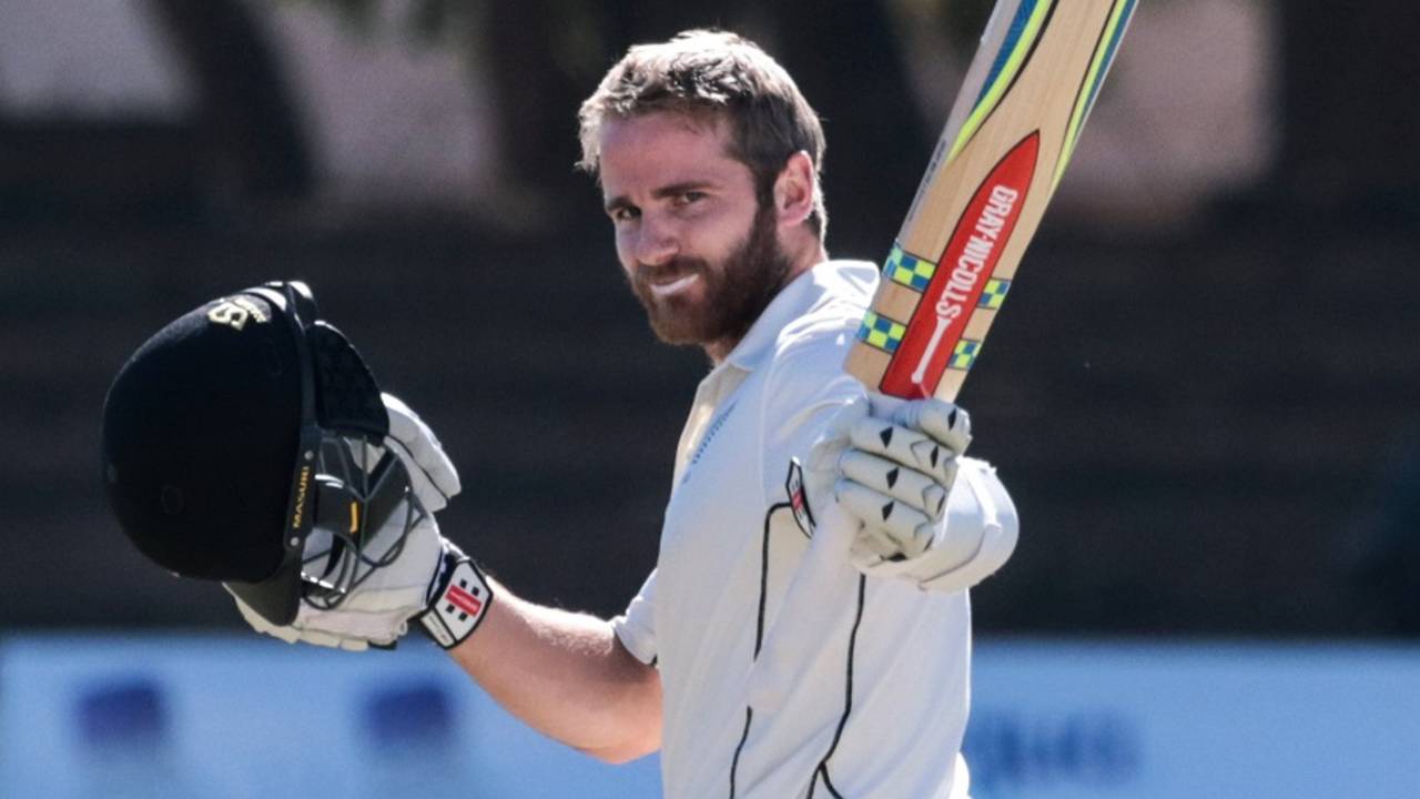 Kane Williamson celebrates after reaching his century, Zimbabwe v New Zealand, 2nd Test, Bulawayo, 2nd day, August 7, 2016