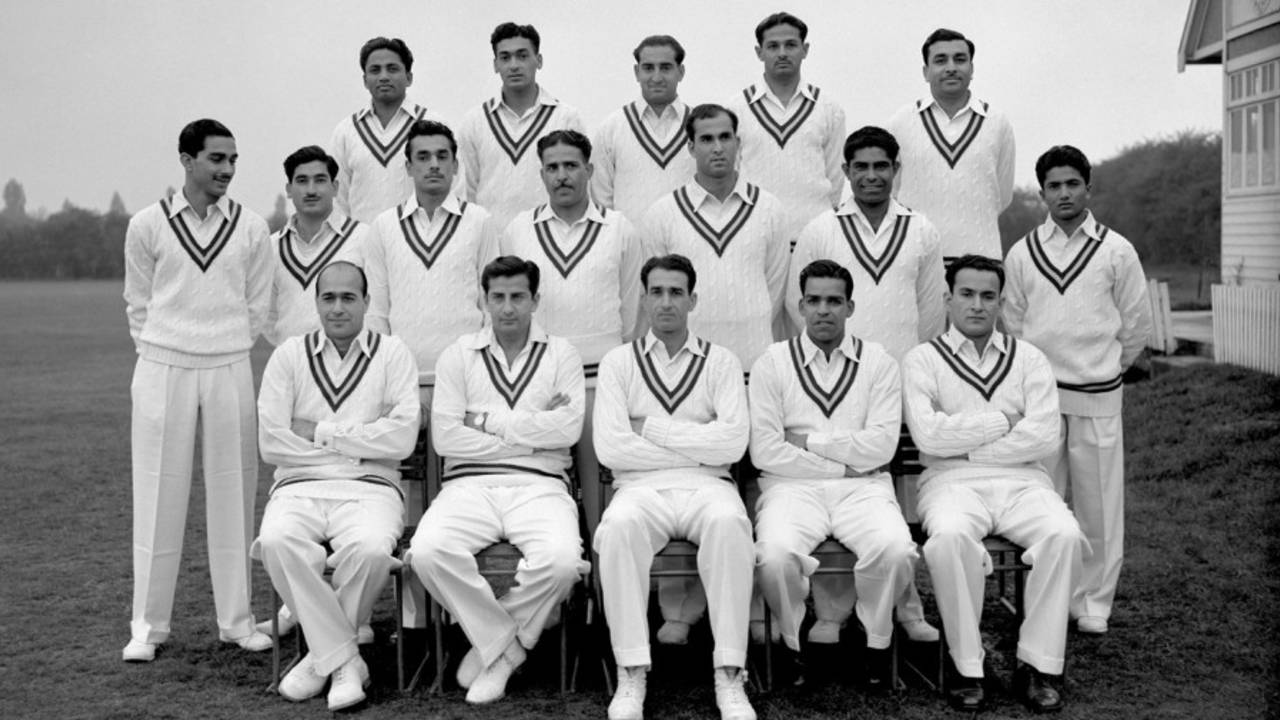 The Pakistan squad at Lord's. (Back row, left to right) Wazir Mohammad, Khalid Hasan, Shujauddin, Shakoor Ahmed, Zulfiqar Ahmed; (Middle row) Khalid Wazir, Waqar Hasan, Ikram Elahi, Mohammad Aslam, Mahmood Hussain, Alimuddin, Hanif Mohammad; (Front row) MEZ Ghazali, Fazal Mahmood, Abdul Kardar, Imtiaz Ahmed, Maqsood Ahmed