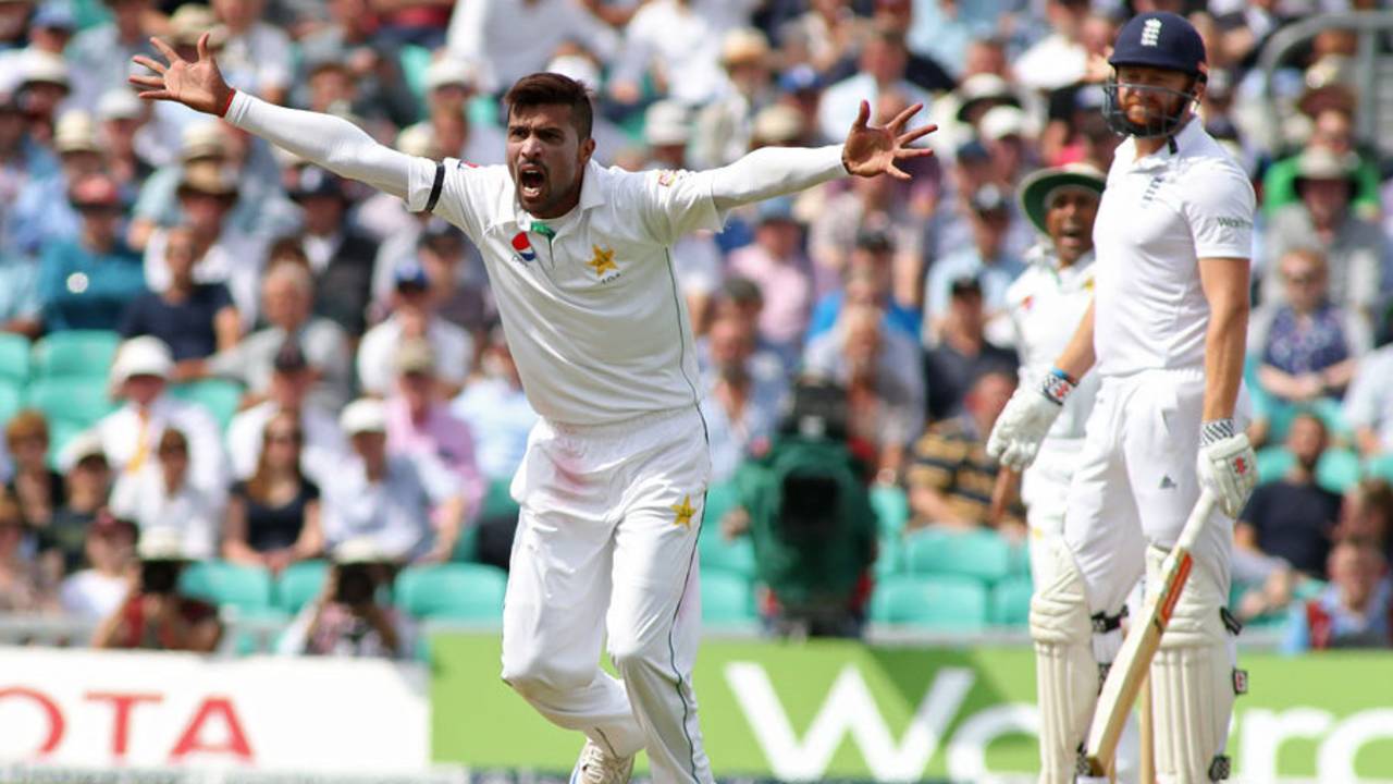 Mohammad Amir appeals unsuccessfully for the wicket of Jonny Bairstow, England v Pakistan, 4th Test, The Oval, 1st day, August 11, 2016