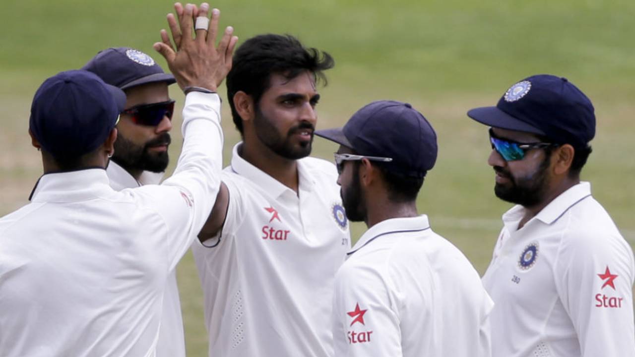 Bhuvneshwar Kumar celebrates the wicket of Marlon Samuels, West Indies v India, 3rd Test, Gros Islet, 4th day, August 12, 2016