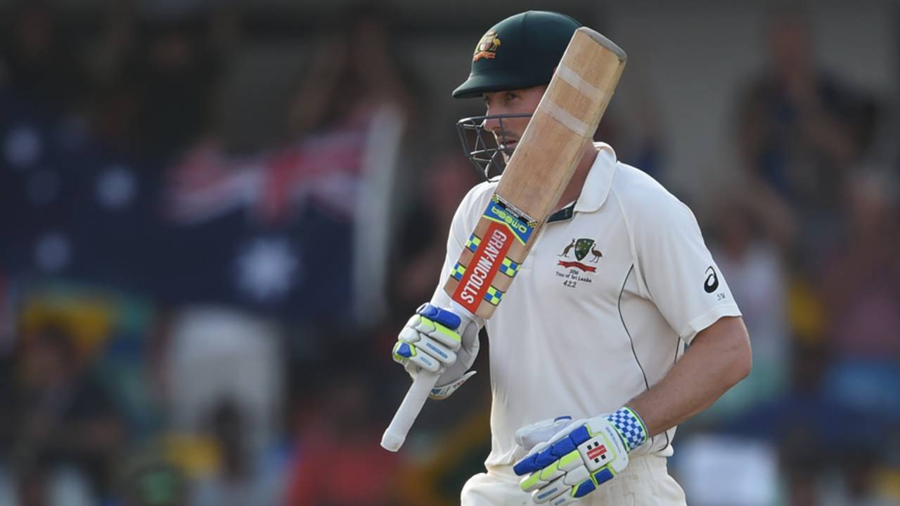Shaun Marsh raises his bat after reaching his fifty, Sri Lanka v Australia, 3rd Test, SSC, 2nd day, August 14, 2016