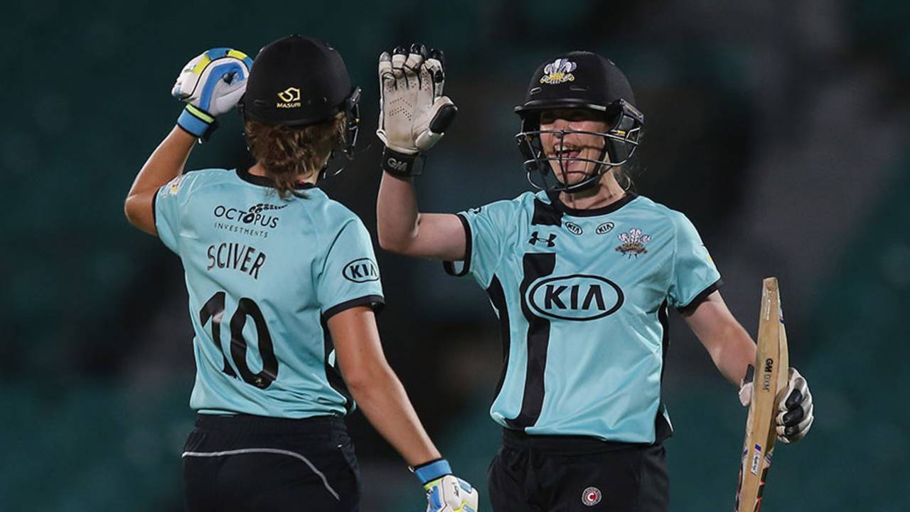 Natalie Sciver and Beth Morgan celebrate victory, Surrey Stars v Yorkshire Diamonds, Women's Super League, August 4, 2016