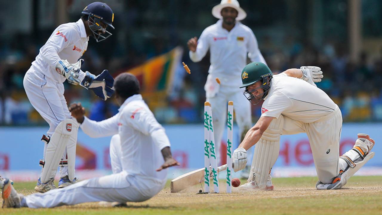 An Angelo Mathews throw from slip caught Moises Henriques short of his ground, Sri Lanka v Australia, 3rd Test, SSC, 5th day, August 17, 2016