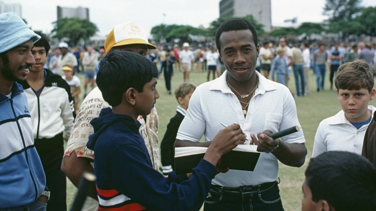 Emmerson Trotman signs autographs for fans in South Africa, Durban, February, 1983