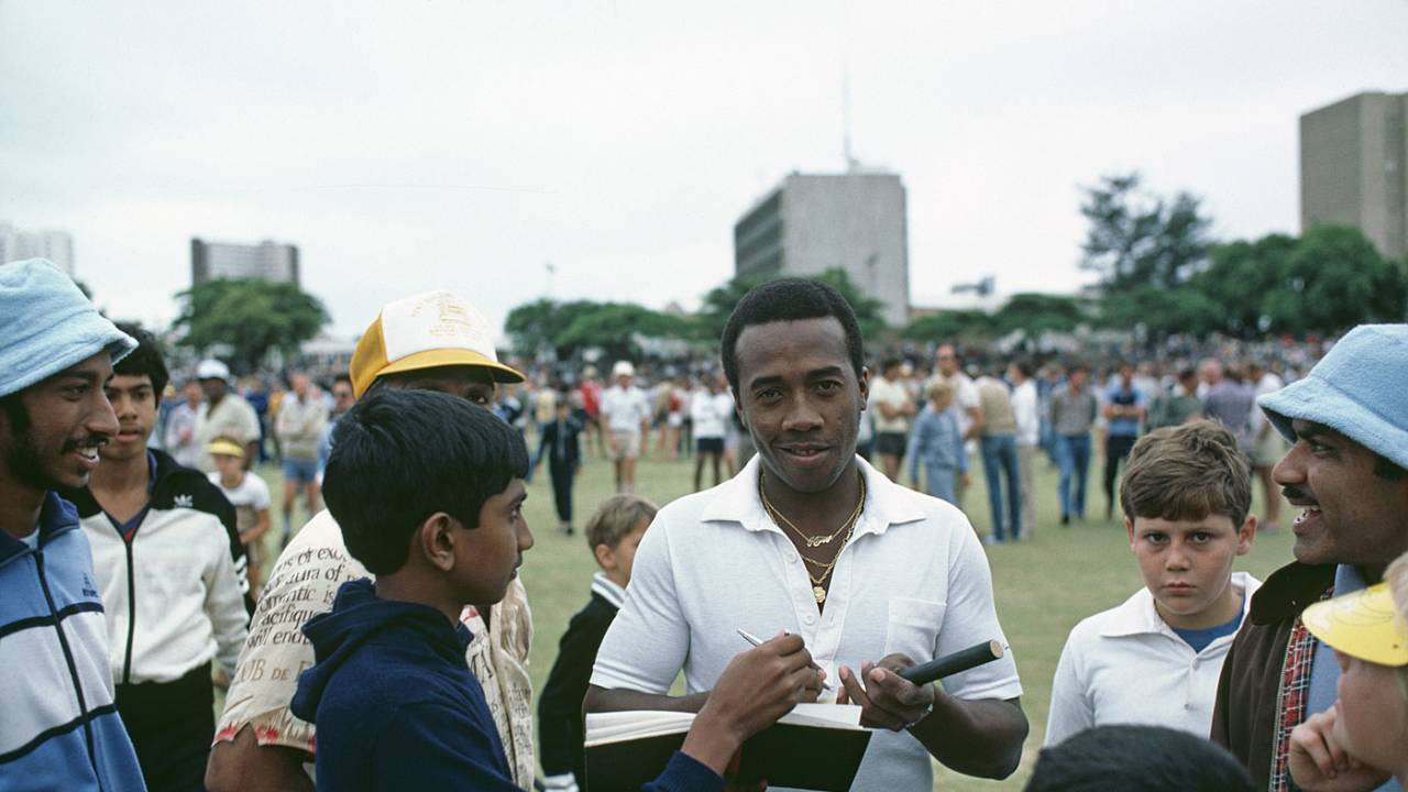 Emmerson Trotman signs autographs for fans in South Africa, Durban, February, 1983