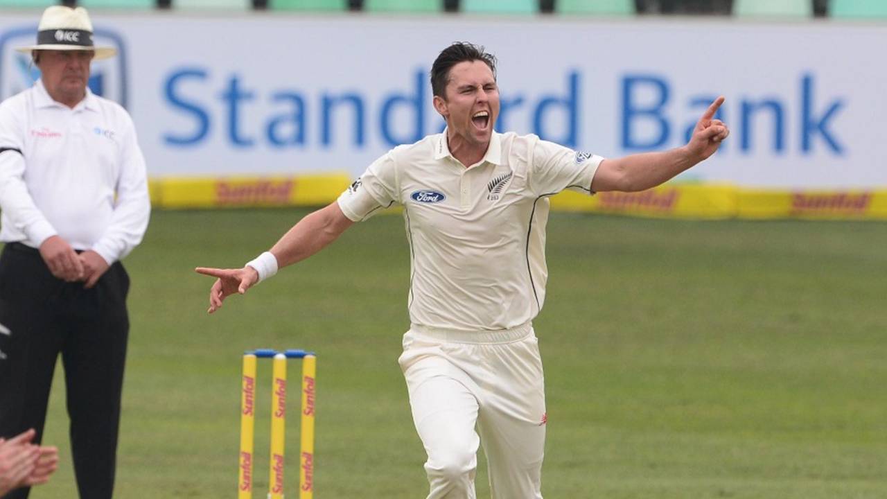 Trent Boult is ecstatic after picking up a wicket, South Africa v New Zealand, 1st Test, Durban, 1st day, August 19, 2016
