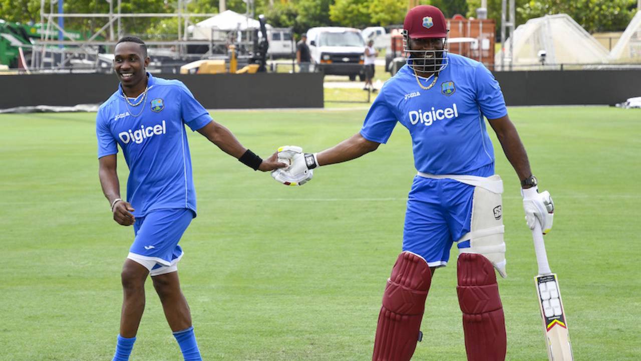 Dwayne Bravo and Kieron Pollard have a laugh in the nets, Lauderhill, August 25, 2016