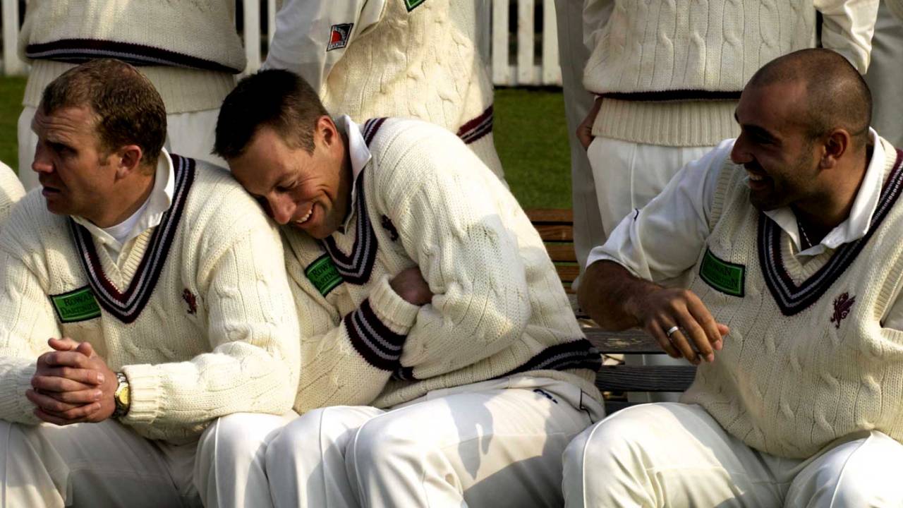 Marcus Trescothick cuddles up to Michael Burns during Somerset's photocall in Taunton