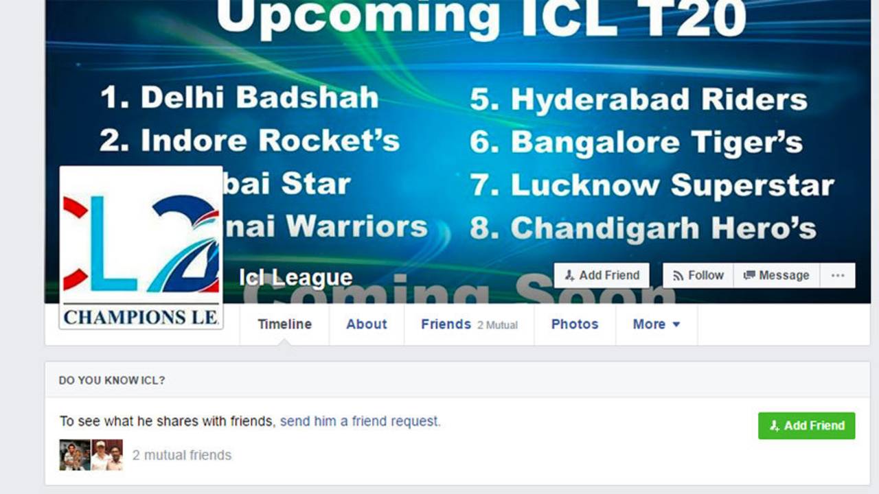 The supposed Facebook page of the proposed Indian Champions League&nbsp;&nbsp;&bull;&nbsp;&nbsp;ESPNcricinfo Ltd