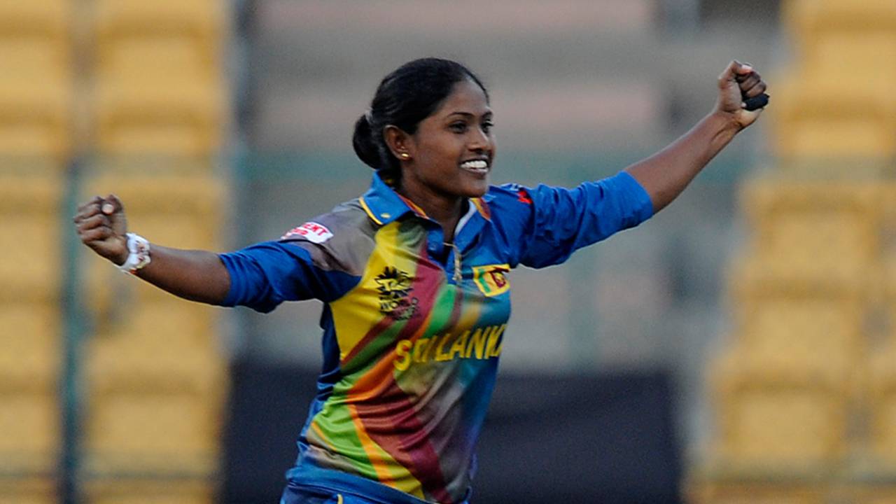Sugandika Kumari celebrates a wicket, South Africa v Sri Lanka, Women's World T20 2016, Group A, Bangalore, March 28, 2016