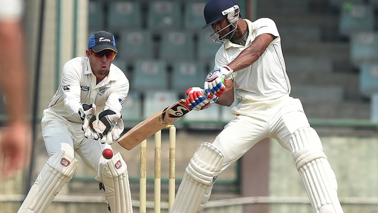 Kaustubh Pawar looks to play a cut, Mumbai v New Zealanders, tour match, 2nd day, Delhi, September 17, 2016