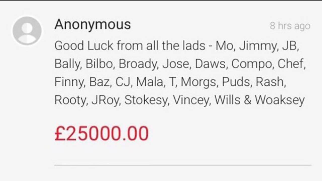 Screengrab of England team donation to James Taylor Heart Foundation appeal