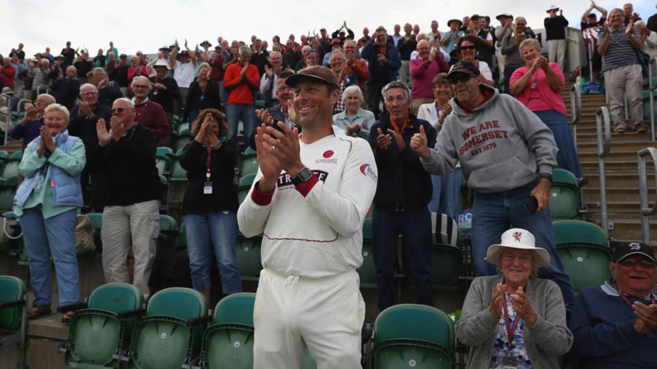 Marcus Trescothick applauds from the Marcus Trescothick stand, Somerset v Nottinghamshire, County Championship, Division One, Taunton, September 22, 2016