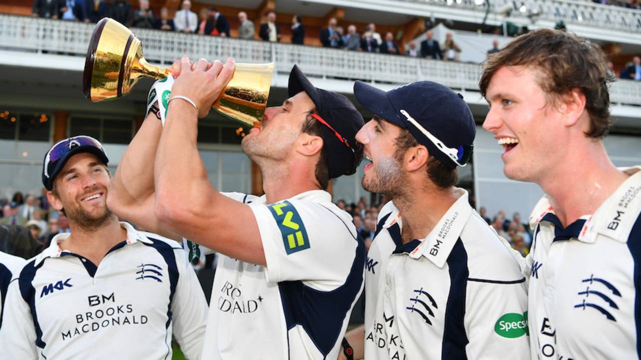 Nick Compton enjoys a drink for the Championship trophy, Middlesex v Yorkshire, County Championship, Division One, Lord's, September 23, 2016