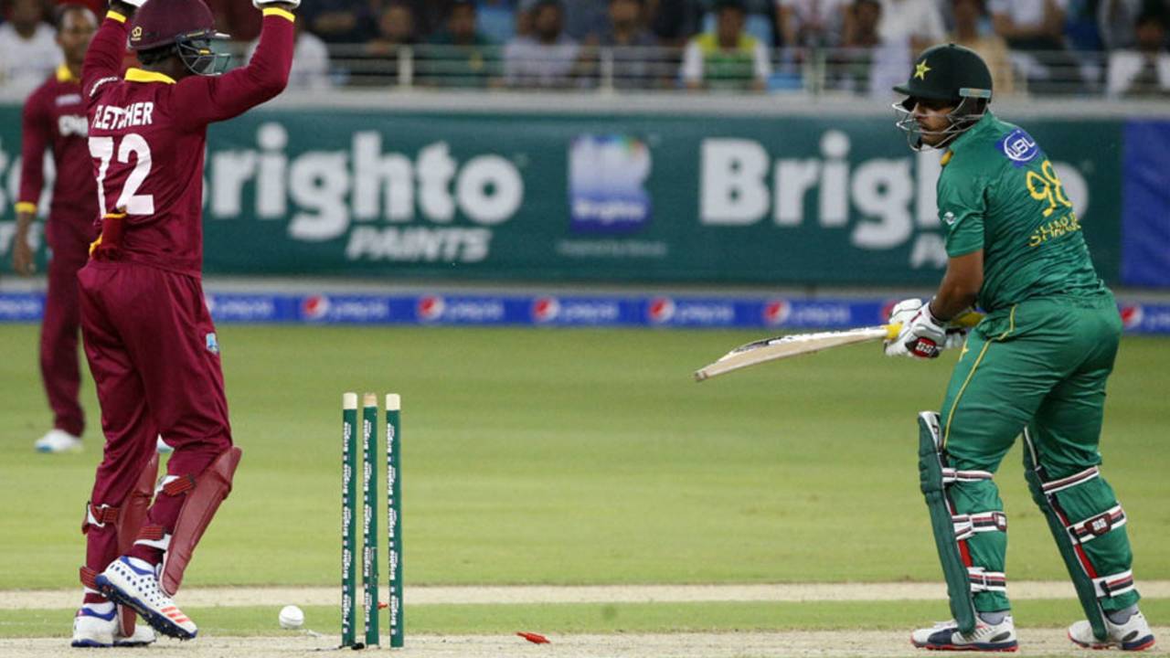 Sharjeel Khan looks back at his disturbed stumps, Pakistan v West Indies, 2nd T20I, Dubai, September 24, 2016