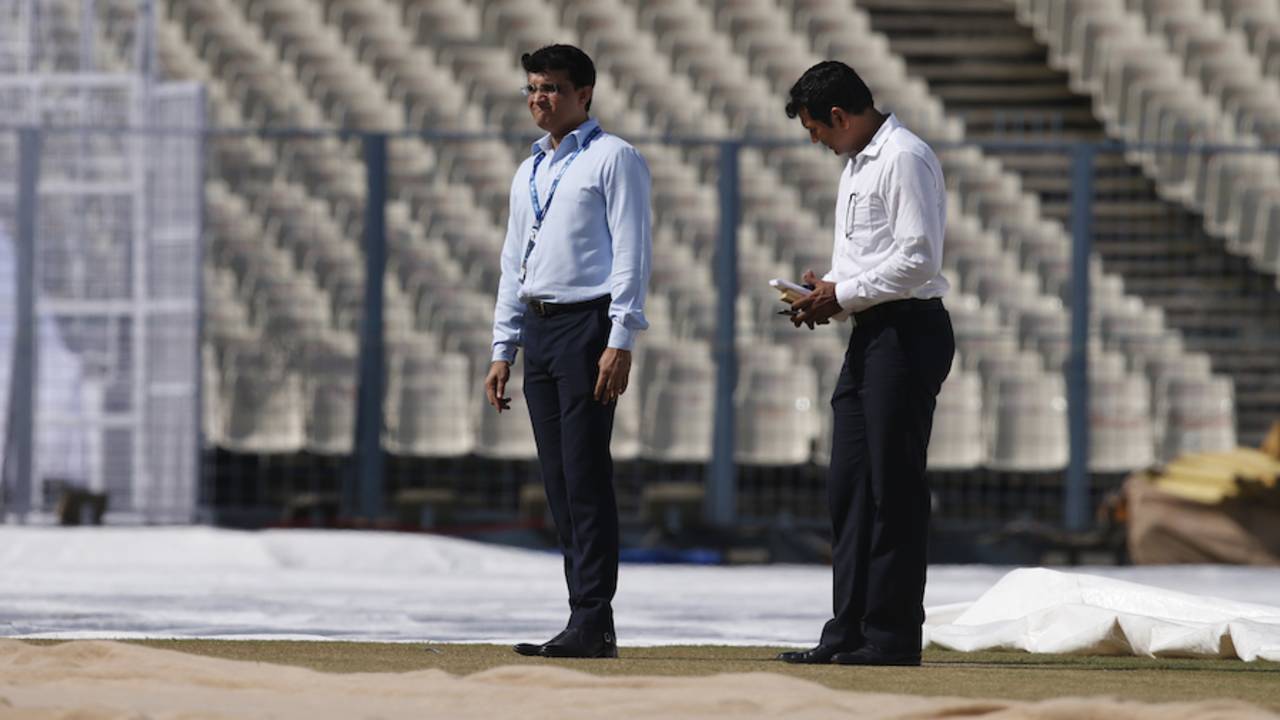 Sourav Ganguly and national selector Devang Gandhi near the Eden Gardens pitch, Kolkata, September 29, 2016