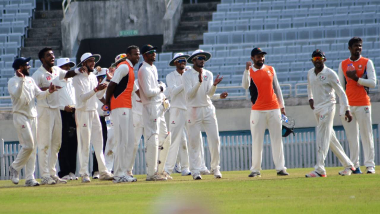 Chhattisgarh players get together after a wicket, Chhattisgarh v Tripura, Ranji Trophy, Group C, Ranchi, October 8, 2016