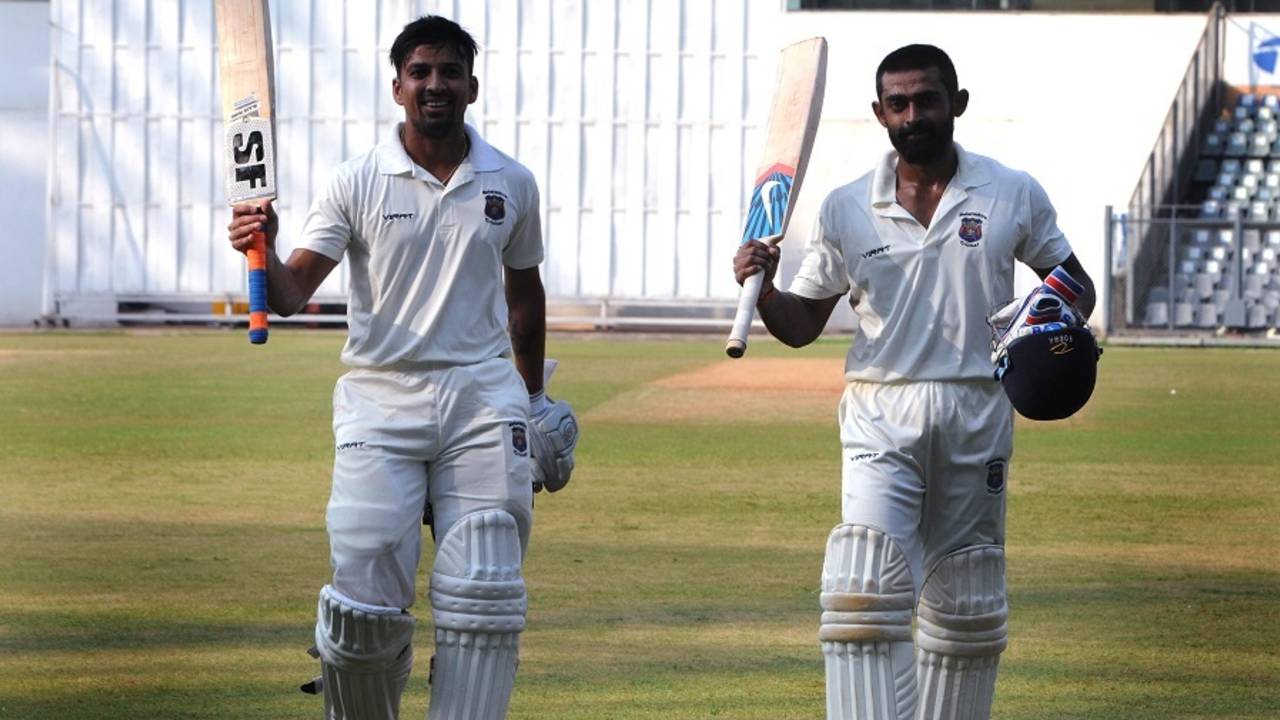 Swapnil Gugale and Ankit Bawne walk off after their record-breaking partnership, Maharashtra v Delhi, Ranji Trophy 2016-17, Mumbai, October 14, 2016