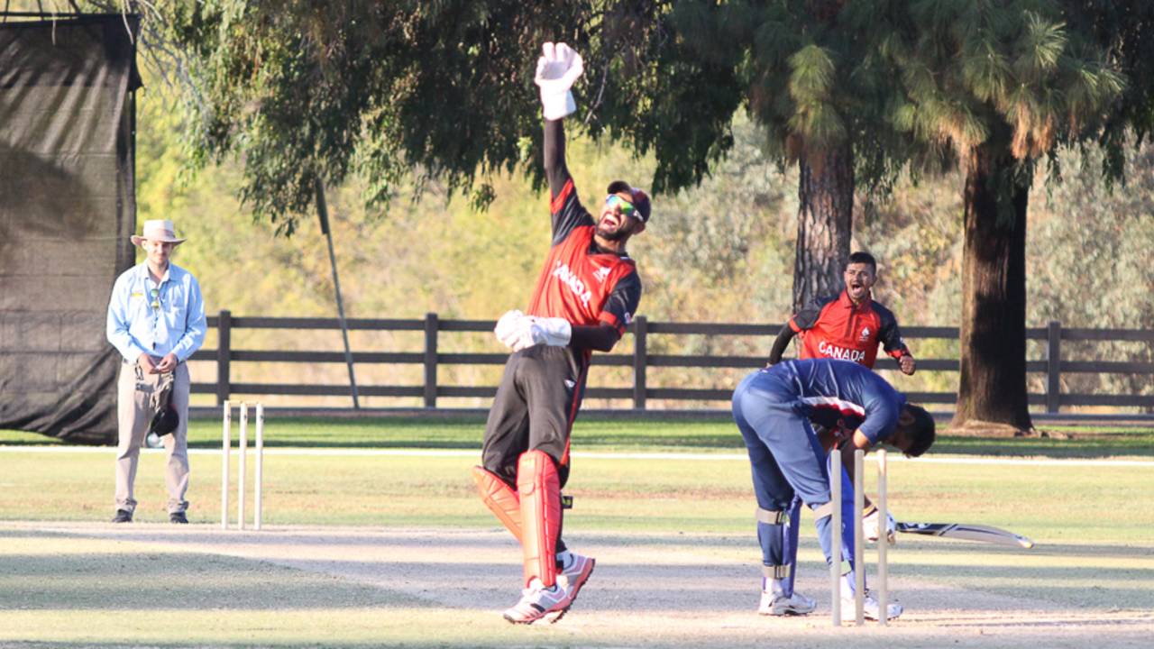 Hamza Tariq celebrates after Salman Nazar bowls Prashanth Nair to end the match, USA v Canada, Auty Cup, Los Angeles, October 14, 2016