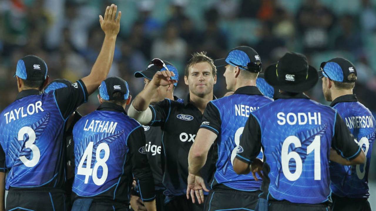 Doug Bracewell celebrates the wicket of Rohit Sharma, India v New Zealand, 1st ODI, Dharamsala, October 16, 2016