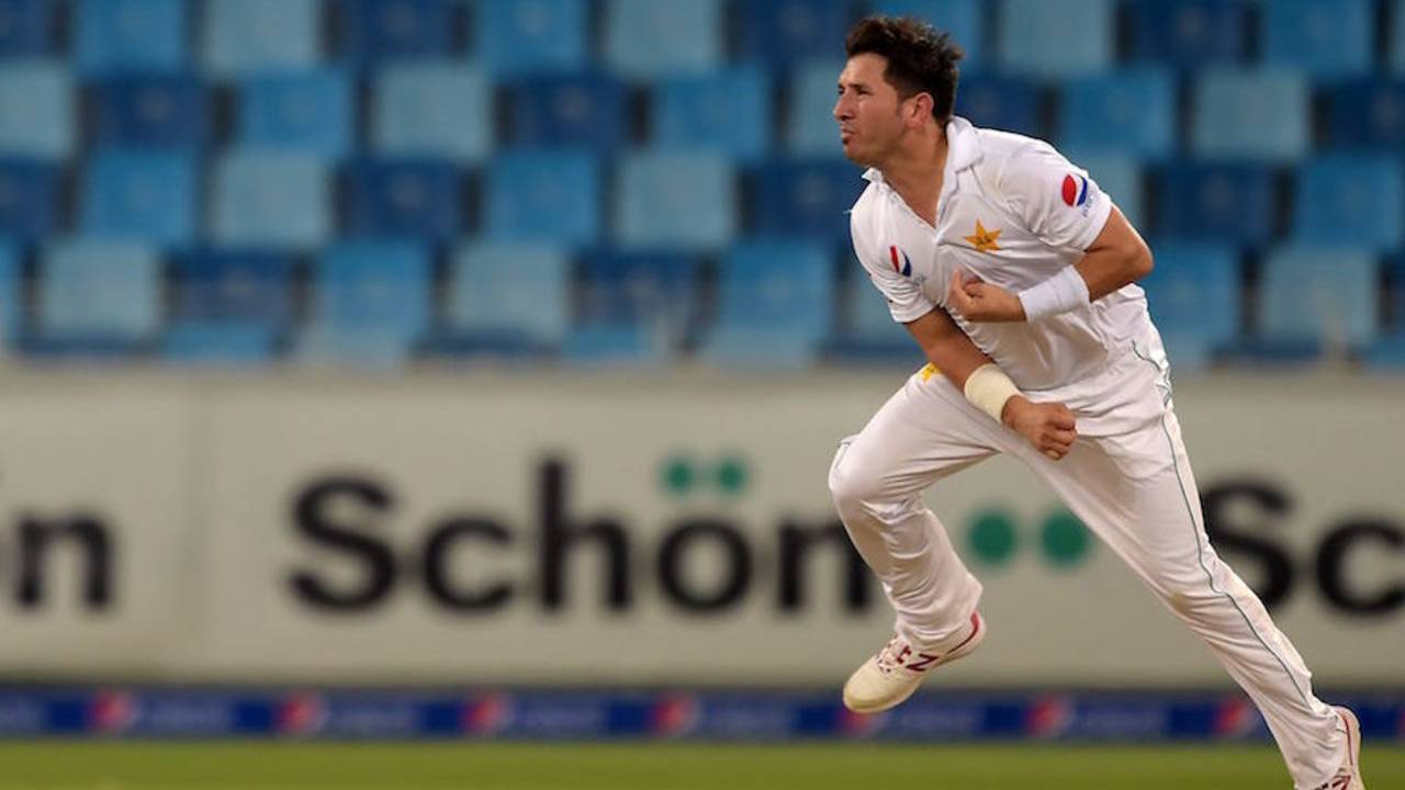 Yasir Shah looks on after delivering the ball, Pakistan v West Indies, 1st Test, Dubai, 5th day, October 17, 2016