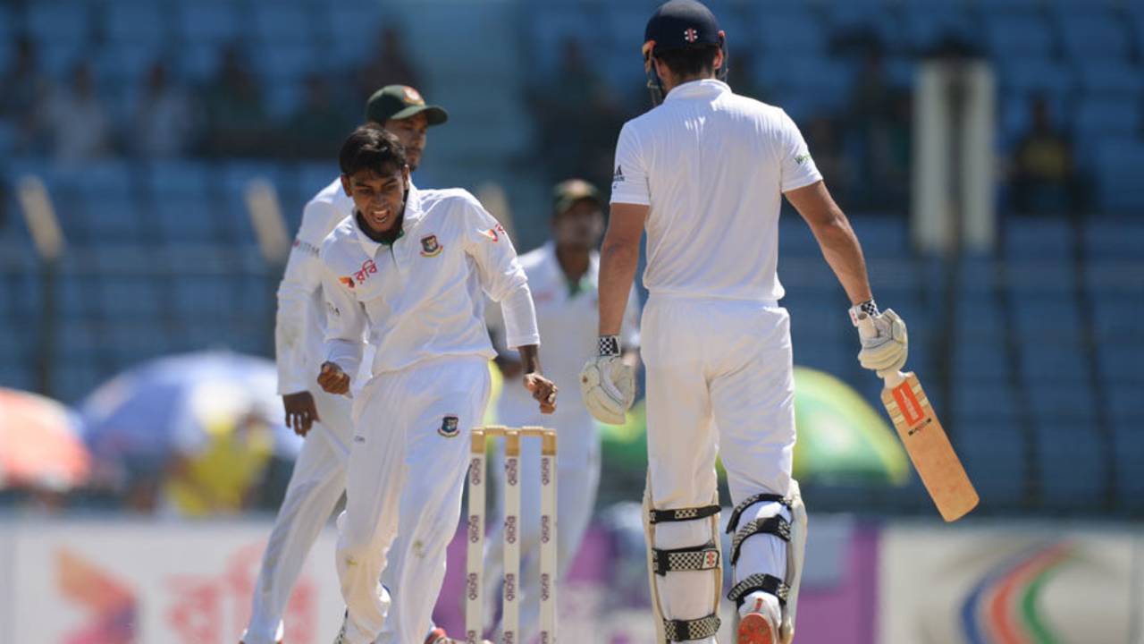 Mehedi Hasan celebrates making the first breakthrough, Bangladesh v England, 1st Test, Chittagong, 3rd day, October 22, 2016