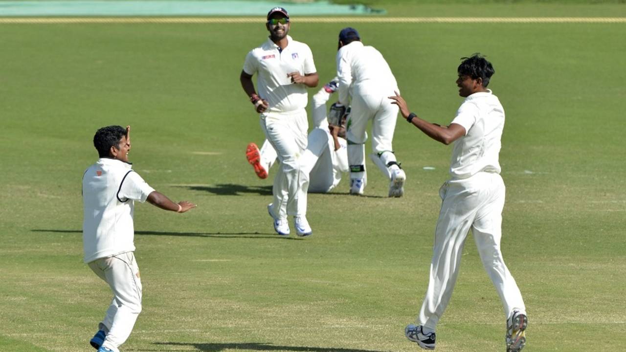 Uttar Pradesh players celebrate after picking up a wicket, Tamil Nadu v Uttar Pradesh, Ranji Trophy 2016-17, Group A, Dharamsala, 4th day, October 23, 2016