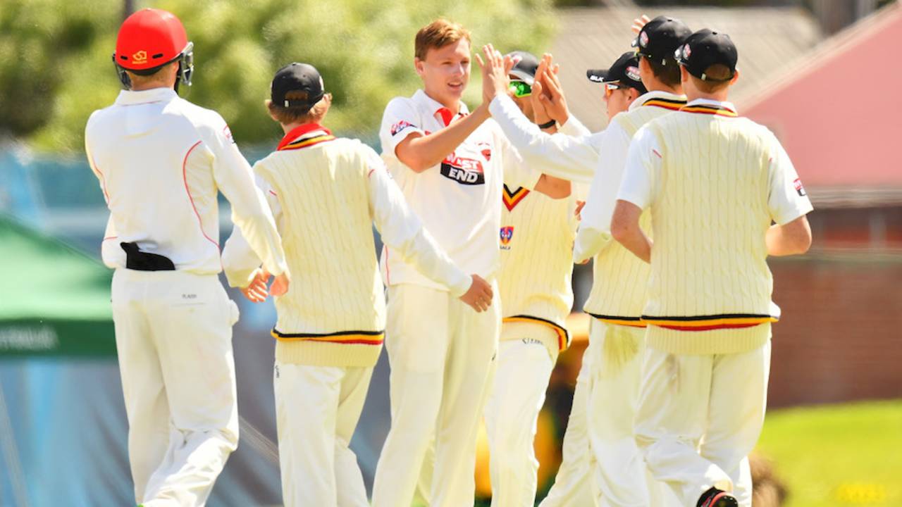 David Grant dismissed Stephen Cook for a duck, South Australia XI v South Africa, Adelaide, 1st day, October 27, 2016