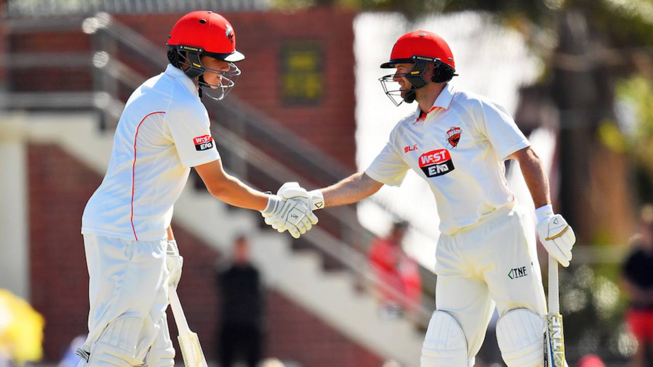 Tim Ludeman and Jake Winter shake hands, South Australia XI v South Africans, Adelaide, 2nd day, October 28, 2016