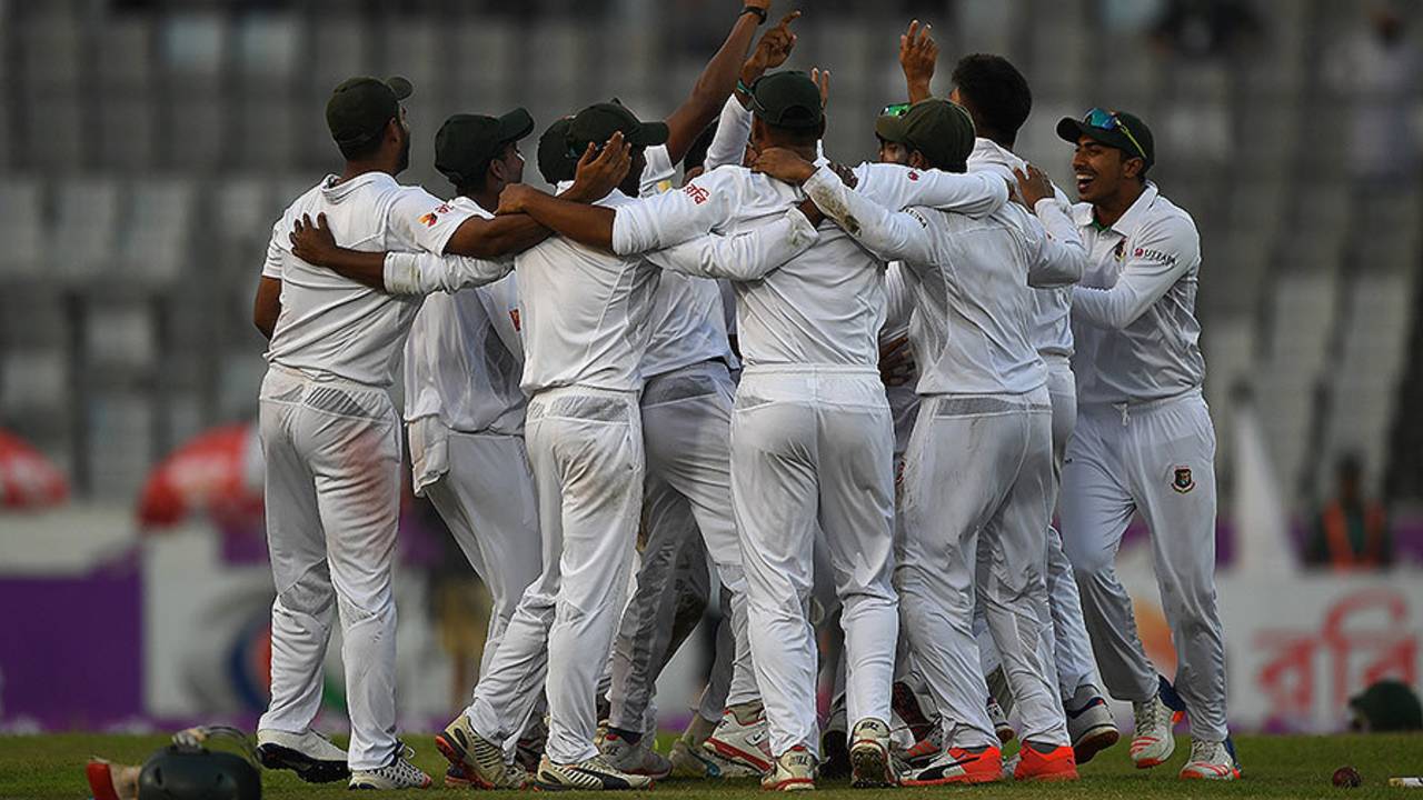Bangladesh's cricketers celebrate a famous victory over England, Bangladesh v England, 2nd Test, Mirpur, 3rd day, October 30, 2016