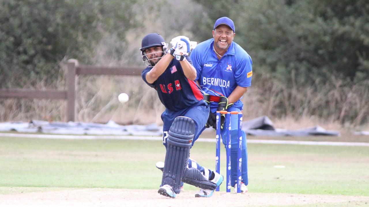 Ravi Timbawala drives through mid-on, USA v Bermuda, ICC World Cricket League Division Four, Los Angeles, October 29, 2016