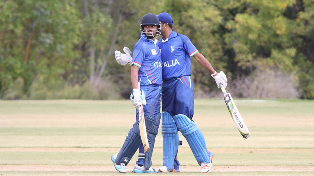 Supun Tharanga goes to hug Manpreet Singh for reaching a half-century, USA v Italy, ICC World Cricket League Division Four, Los Angeles, October 30, 2016