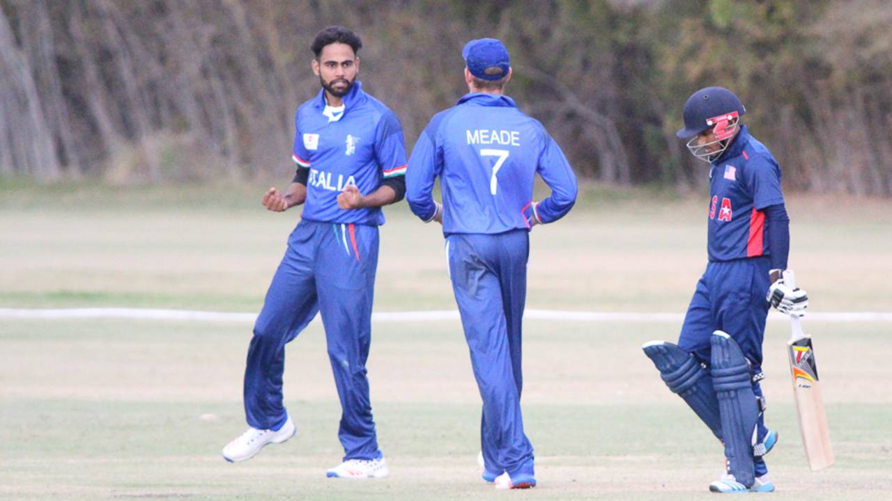 Charanjeet Singh celebrates the wicket of Timil Patel, USA v Italy, ICC World Cricket League Division Four, Los Angeles, October 30, 2016
