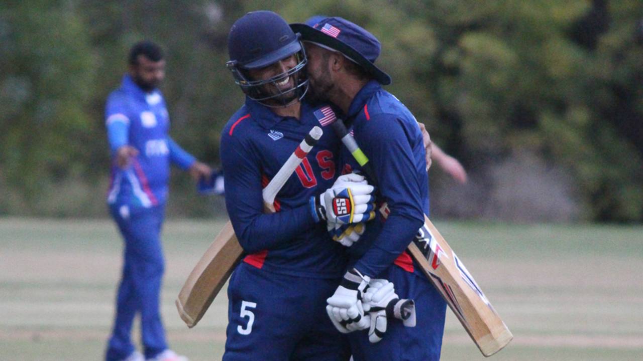 Last wicket pair Danial Ahmed and Jessy Singh hug after scoring the winning run, USA v Italy, ICC World Cricket League Division Four, Los Angeles, October 30, 2016