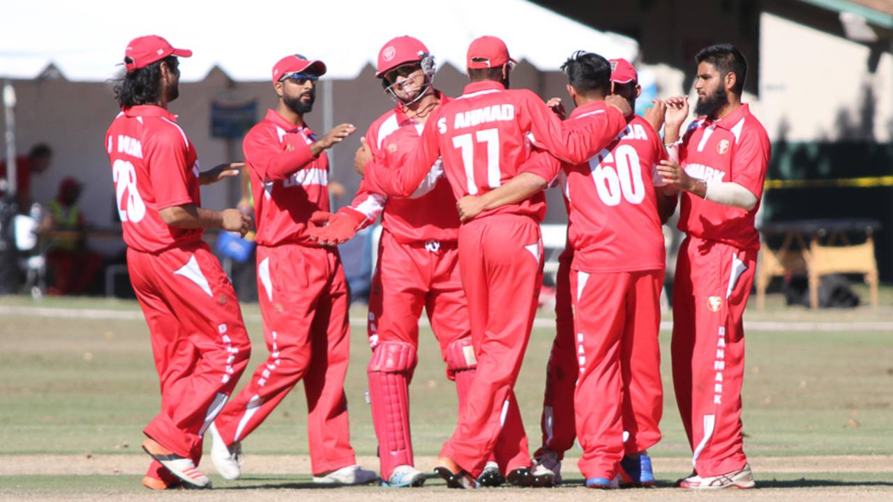 Denmark celebrates the wicket of Ravi Timbawala, USA v Denmark, ICC World Cricket League Division Four, Los Angeles, November 2, 2016