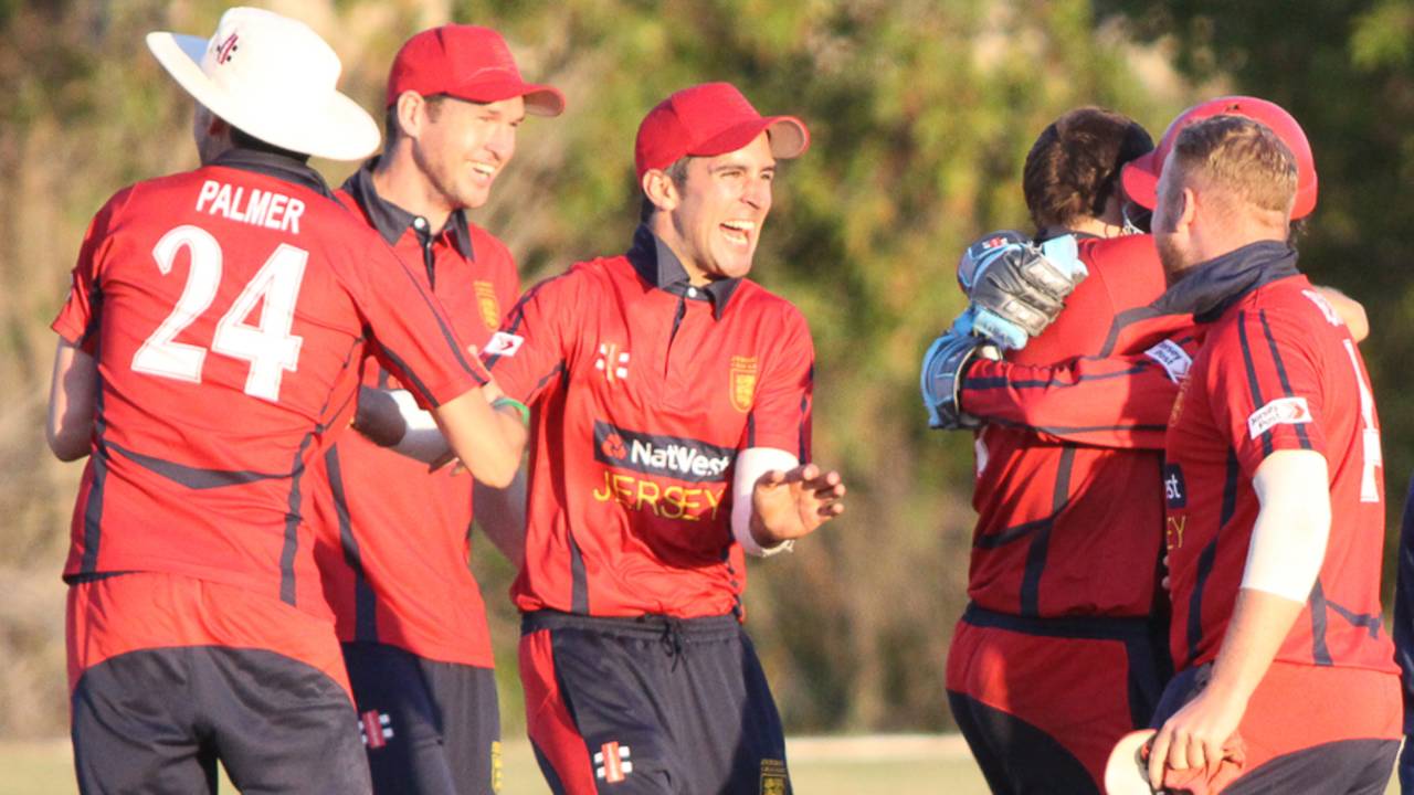 Jersey captain Peter Gough celebrates after the final ball, USA v Jersey, ICC World Cricket League Division Four, Los Angeles, November 4, 2016