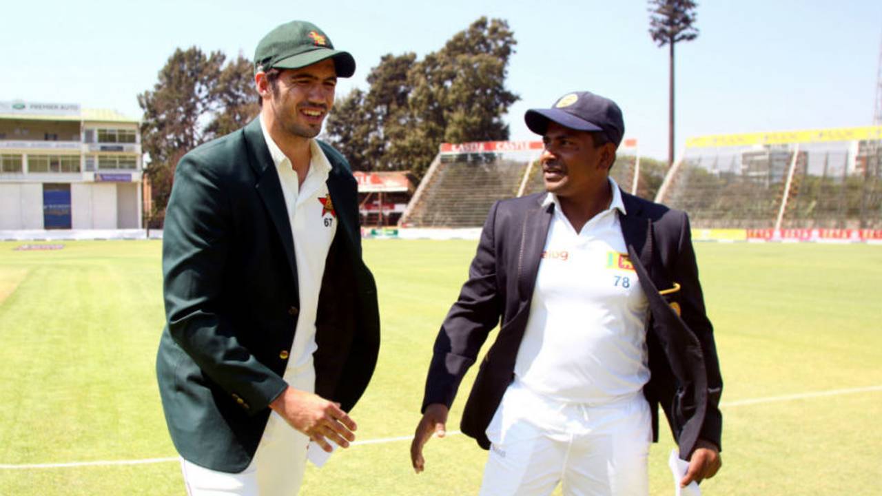 Graeme Cremer and Rangana Herath at the toss, Zimbabwe v Sri Lanka, second Test, Harare, 1st day, November 6, 2016