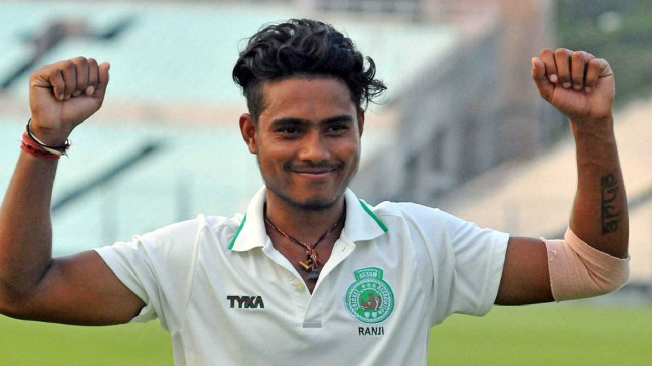 Assam's Arup Das celebrates taking seven wickets on day two against Saurashtra