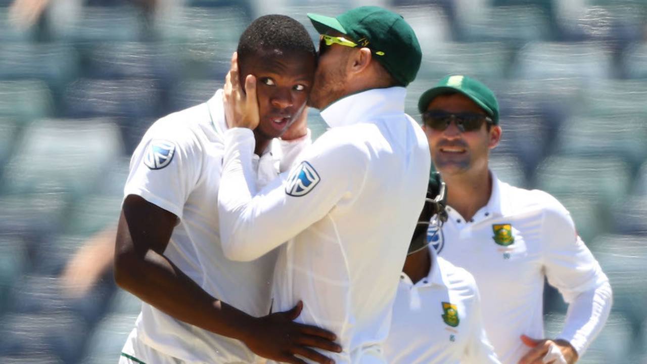 Faf du Plessis kisses Kagiso Rabada after the bowler took his fifth wicket, Australia v South Africa, 1st Test, Perth, 5th day, November 7, 2016