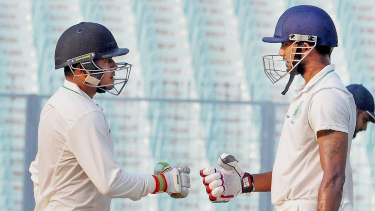 KB Arun Karthik and Swarupam Purkayastha greet each other after putting up the only fifty partnership of the match, Assam v Saurashtra, Ranji Trophy 2016-17, Group B, Kolkata, 3rd day, November 7, 2016