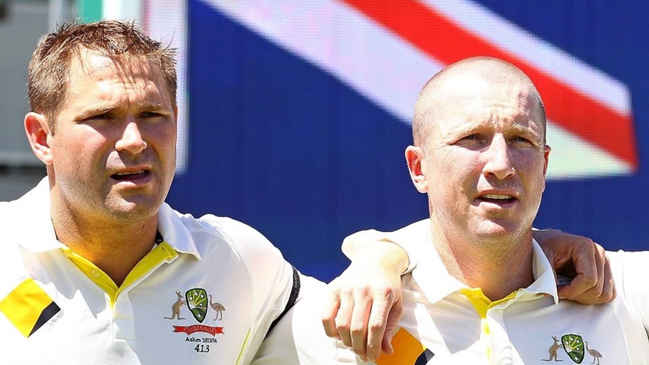 Ryan Harris and Brad Haddin before play, Australia v England, 3rd Test, Perth, 1st day, December 13, 2013