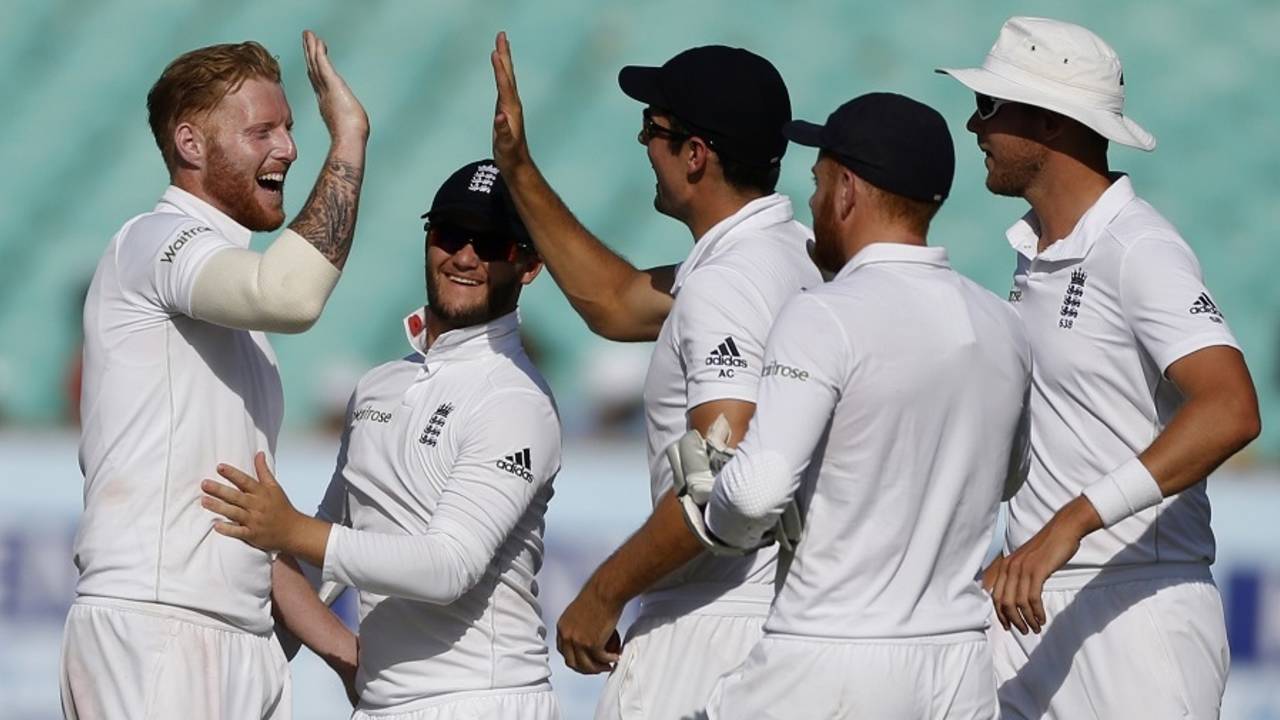 Ben Stokes celebrates with team-mates after dismissing Cheteshwar Pujara, India v England, 1st Test, Rajkot, 3rd day, November 11, 2016