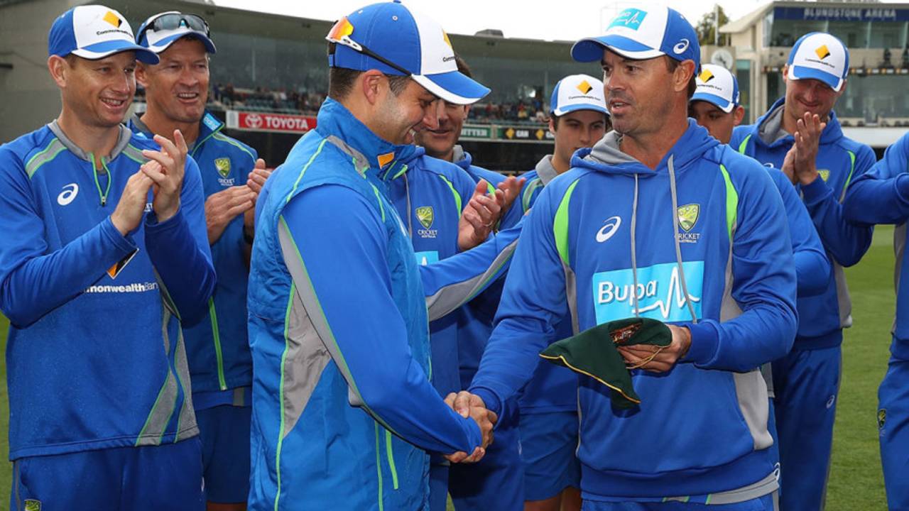 Callum Ferguson receives his cap from fielding coach Greg Blewett, Australia v South Africa, 2nd Test, Hobart, 1st day, November 12, 2016
