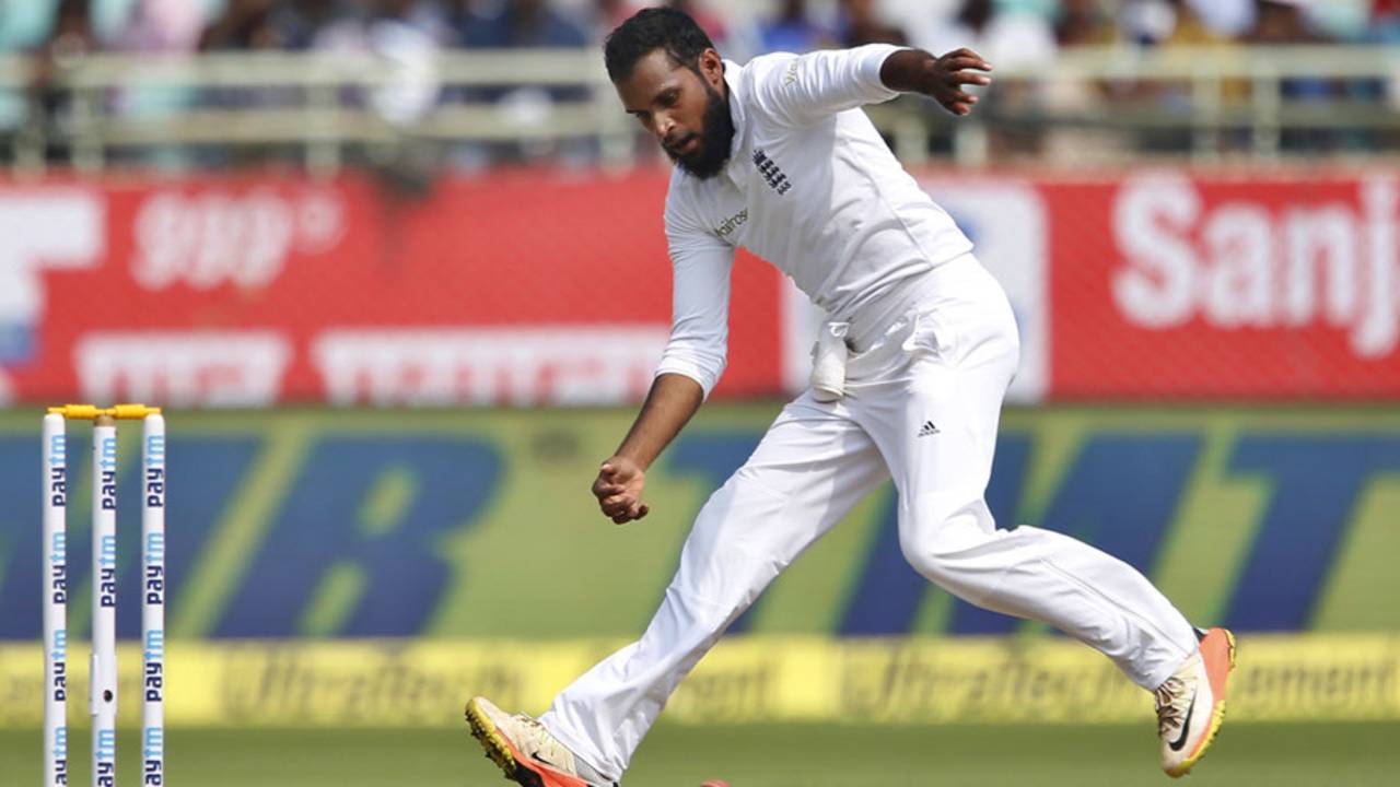 Adil Rashid fields the ball off his own bowling, India v England, 2nd Test, Vishakapatnam, 1st day, November 17, 2016