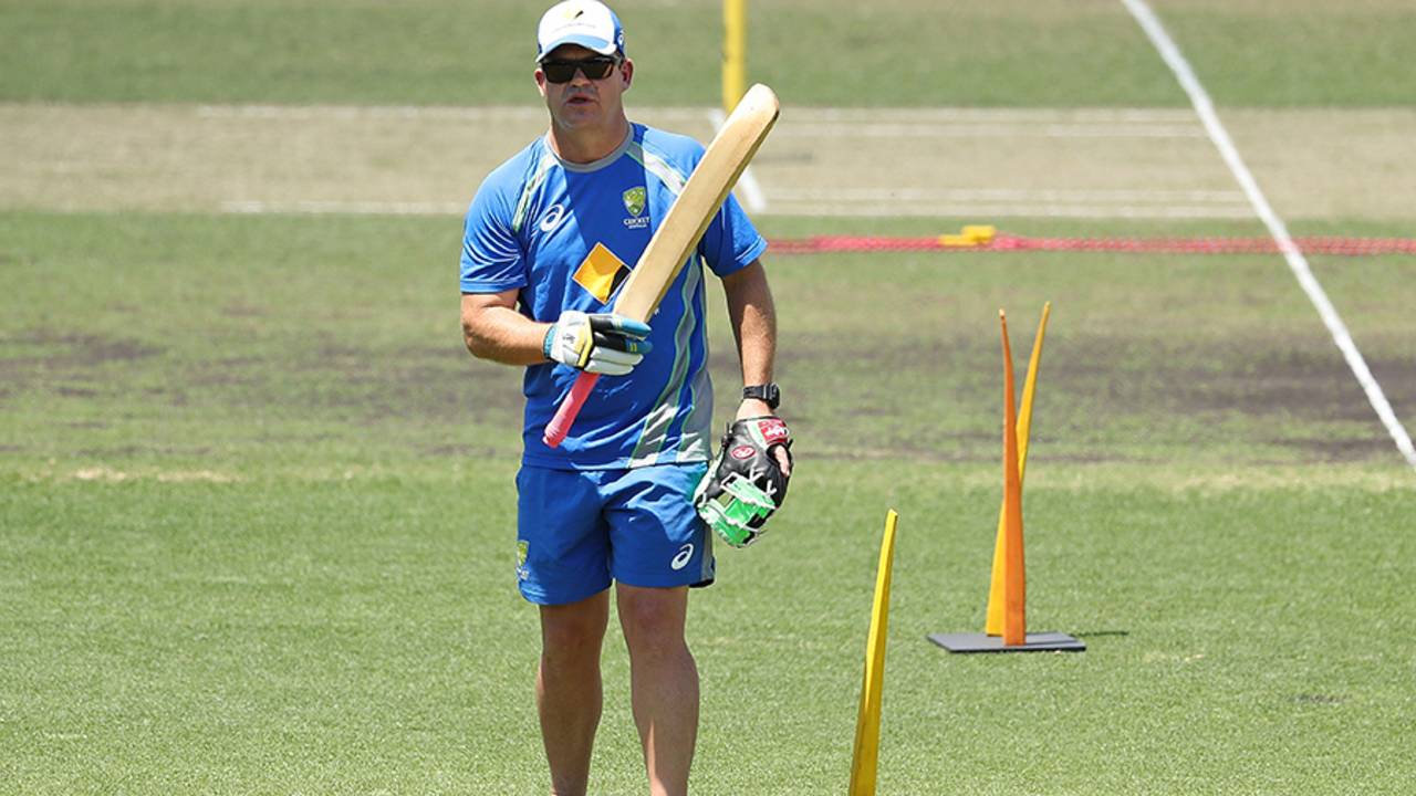 Matthew Mott conducts a training drill before the start of the match, Australia v South Africa, 1st women's ODI, Canberra, November 18, 2016