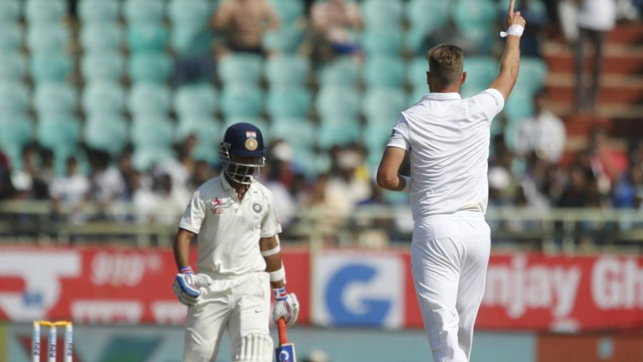 Stuart Broad celebrates the wicket of Ajinkya Rahane, India v England, 2nd Test, Visakhapatnam, 4th day, November 20, 2016